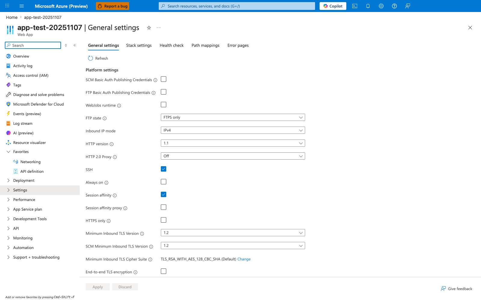 Configuration General settings blade for a Web App with five tabs — General settings (active), Stack settings, Health check, Path mappings, Error pages — and a Refresh action. Platform settings section lists SCM Basic Auth Publishing Credentials (unchecked), FTP Basic Auth Publishing Credentials (unchecked), WebJobs runtime (unchecked), FTP state (FTPS only), Inbound IP mode (IPv4), HTTP version (1.1), HTTP 2.0 Proxy (Off), SSH (checked), Always on (unchecked), Session affinity (checked), Session affinity proxy (unchecked), HTTPS only (unchecked), Minimum Inbound TLS Version (1.2), SCM Minimum Inbound TLS Version (1.2), Minimum Inbound TLS Cipher Suite (TLS_RSA_WITH_AES_128_CBC_SHA, Default), and End-to-end TLS encryption (unchecked). Apply and Discard buttons are at the bottom of the blade.