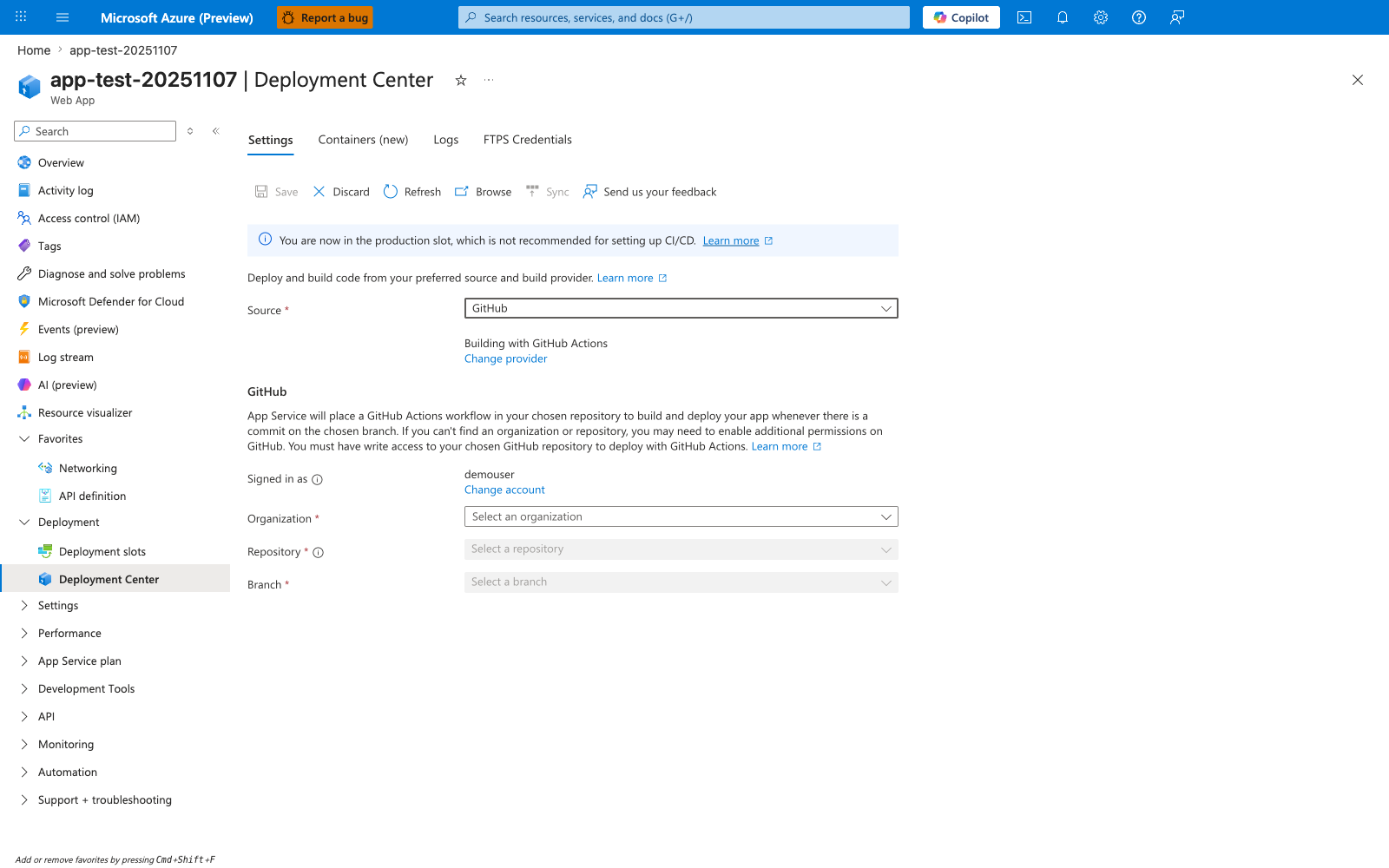 Azure Portal Deployment Center blade for app-test-20251107 Web App with the Settings tab selected and Containers (new), Logs, and FTPS Credentials tabs visible. The toolbar shows Save and Discard (disabled), Refresh, Browse, Sync (disabled), and Send us your feedback. An information banner at the top reads "You are now in the production slot, which is not recommended for setting up CI/CD. Learn more". The body text "Deploy and build code from your preferred source and build provider" precedes a Source dropdown set to GitHub, with "Building with GitHub Actions" and a Change provider link below. A GitHub section explains that App Service places a GitHub Actions workflow in the chosen repository and shows Signed in as demouser with a Change account link, followed by required Organization, Repository, and Branch dropdowns all in empty Select state. The left navigation expands Deployment with Deployment slots and Deployment Center (highlighted) entries.