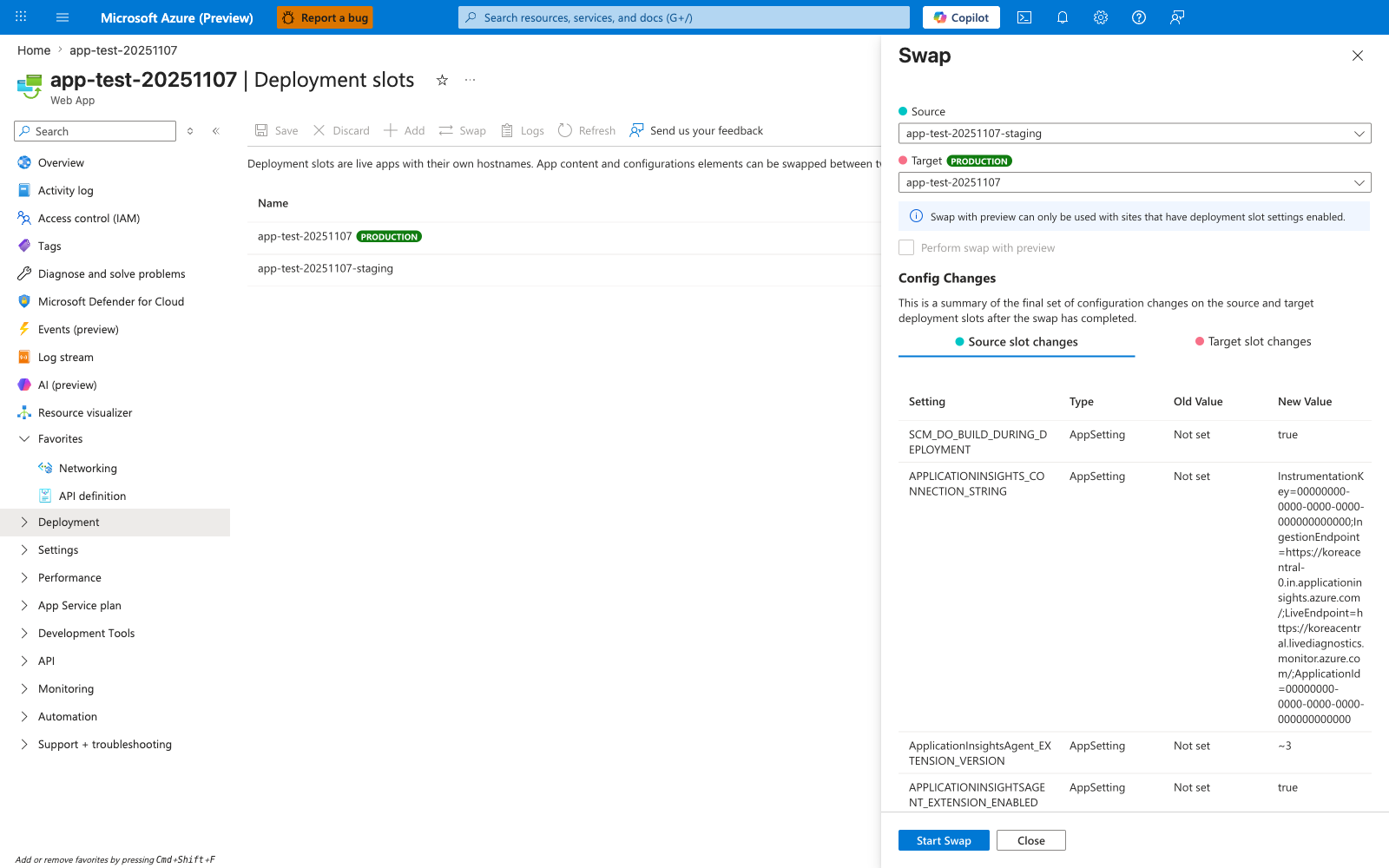 Azure Portal Deployment slots blade for app-test-20251107 Web App with the Swap right panel open. The slot list shows app-test-20251107 with a PRODUCTION badge and app-test-20251107-staging; the toolbar exposes Save and Discard (disabled), Add, Swap (highlighted), Logs, Refresh (disabled), and Send us your feedback. The Swap panel has a Source dropdown set to app-test-20251107-staging and a Target dropdown showing app-test-20251107 with a PRODUCTION badge, followed by an info banner reading "Swap with preview can only be used with sites that have deployment slot settings enabled." and a disabled "Perform swap with preview" checkbox. A Config Changes section explains it is the final summary of configuration changes on source and target slots after the swap, with Source slot changes (selected) and Target slot changes tabs. The table columns Setting, Type, Old Value, New Value list SCM_DO_BUILD_DURING_DEPLOYMENT (AppSetting, Not set to true), APPLICATIONINSIGHTS_CONNECTION_STRING (AppSetting, Not set to a long zero-GUID instrumentation string), ApplicationInsightsAgent_EXTENSION_VERSION (AppSetting, Not set to ~3), and APPLICATIONINSIGHTSAGENT_EXTENSION_ENABLED (AppSetting, Not set to true). Bottom buttons are Start Swap (primary) and Close.