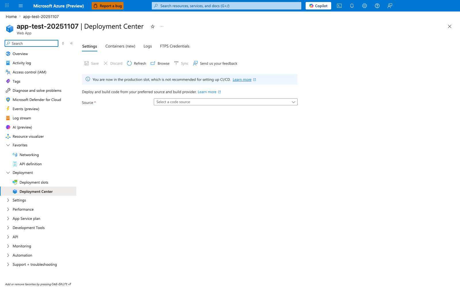 Deployment Center blade for a Web App with the "Settings" tab selected showing the Source picker as an unselected dropdown labeled "Source". A bulleted list of supported deployment sources is displayed: GitHub, Bitbucket, Local Git, External Git, GitHub Actions, Azure Repos, FTPS credentials, and Manual deployment (Push/Sync). Tabs across the top of the blade include "Settings" (selected), "Containers (new)", "Logs", and "FTPS Credentials". Save and Browse buttons appear in the command bar. The left navigation shows Deployment Center highlighted under the Deployment group.