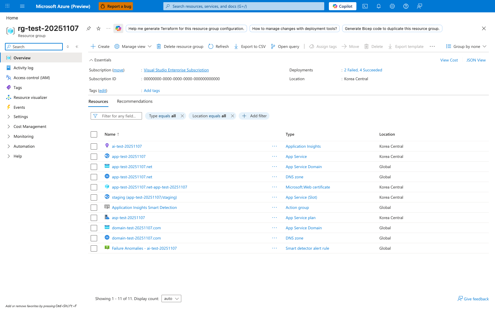 Resource group overview blade for rg-test-20251107 in Korea Central showing an Essentials panel with Subscription "Visual Studio Enterprise Subscription", Subscription ID 00000000-0000-0000-0000-000000000000, Deployments "2 Failed, 4 Succeeded", and Location "Korea Central". The Resources tab lists 11 related resources grouped by type, including Application Insights (ai-test-20251107), App Service (app-test-20251107), App Service Domain (app-test-20251107.net and domain-test-20251107.com), DNS Zone (app-test-20251107.net and domain-test-20251107.com), Microsoft.Web certificate (app-test-20251107.net-app-test-20251107), App Service (Slot) (staging (app-test-20251107/staging)), Application Insights Smart Detection, Action group, App Service Plan (asp-test-20251107), and Failure Anomalies smart detector alert rule. The command bar includes Create, Manage view, Delete resource group, Refresh, Export to CSV, Open query, Assign tags, Move, Delete, and Export template buttons.