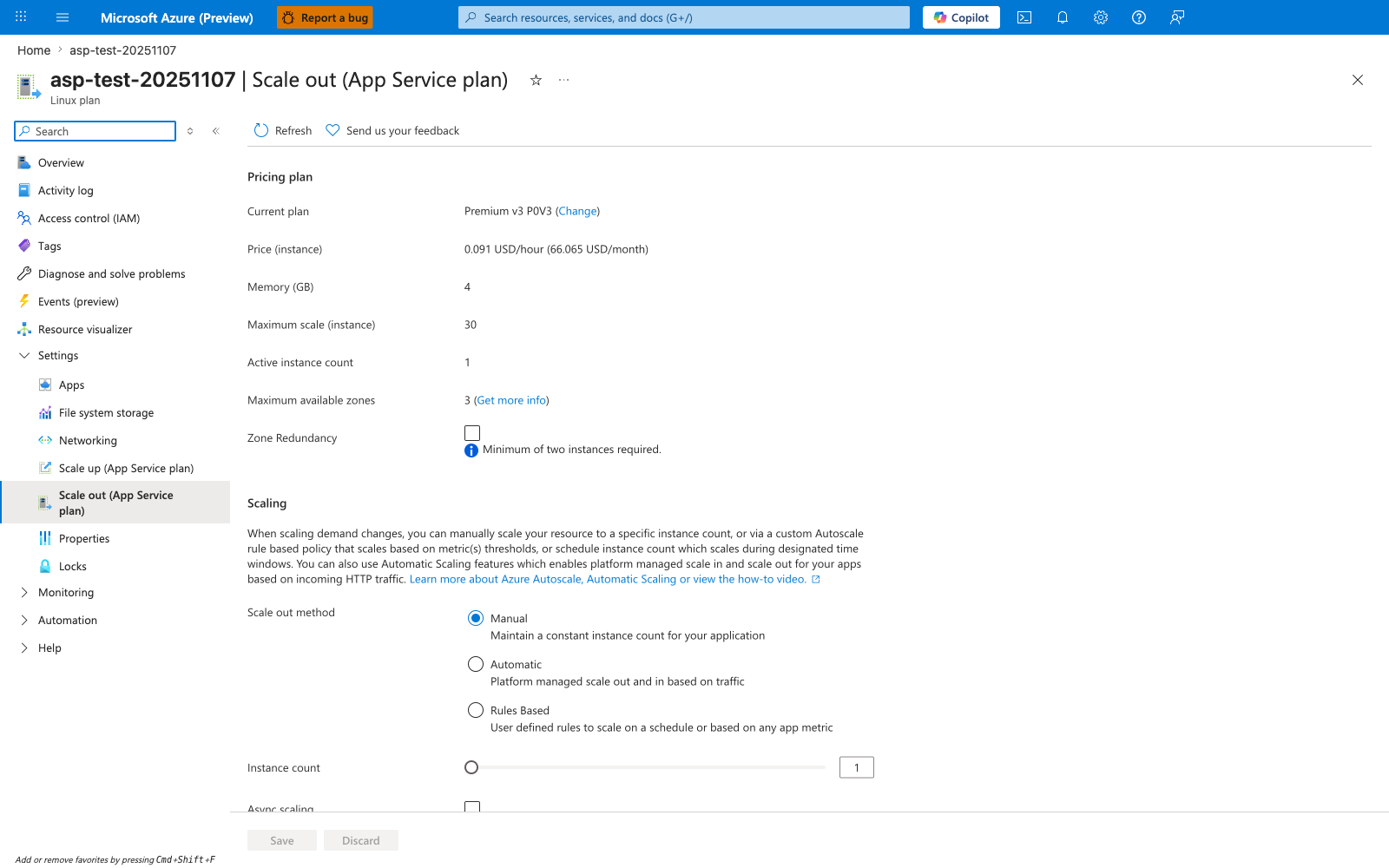 Scale out (App Service plan) blade showing three radio tabs — Manual, Automatic, and Rules Based — with Manual selected. The right pane shows an Instance count slider currently set to 1 with valid range 1 to 3 for Premium V3 plans, and a "Save" / "Discard" command bar; an info banner notes that scale-out behavior depends on the plan SKU and recommends enabling autoscale for production.