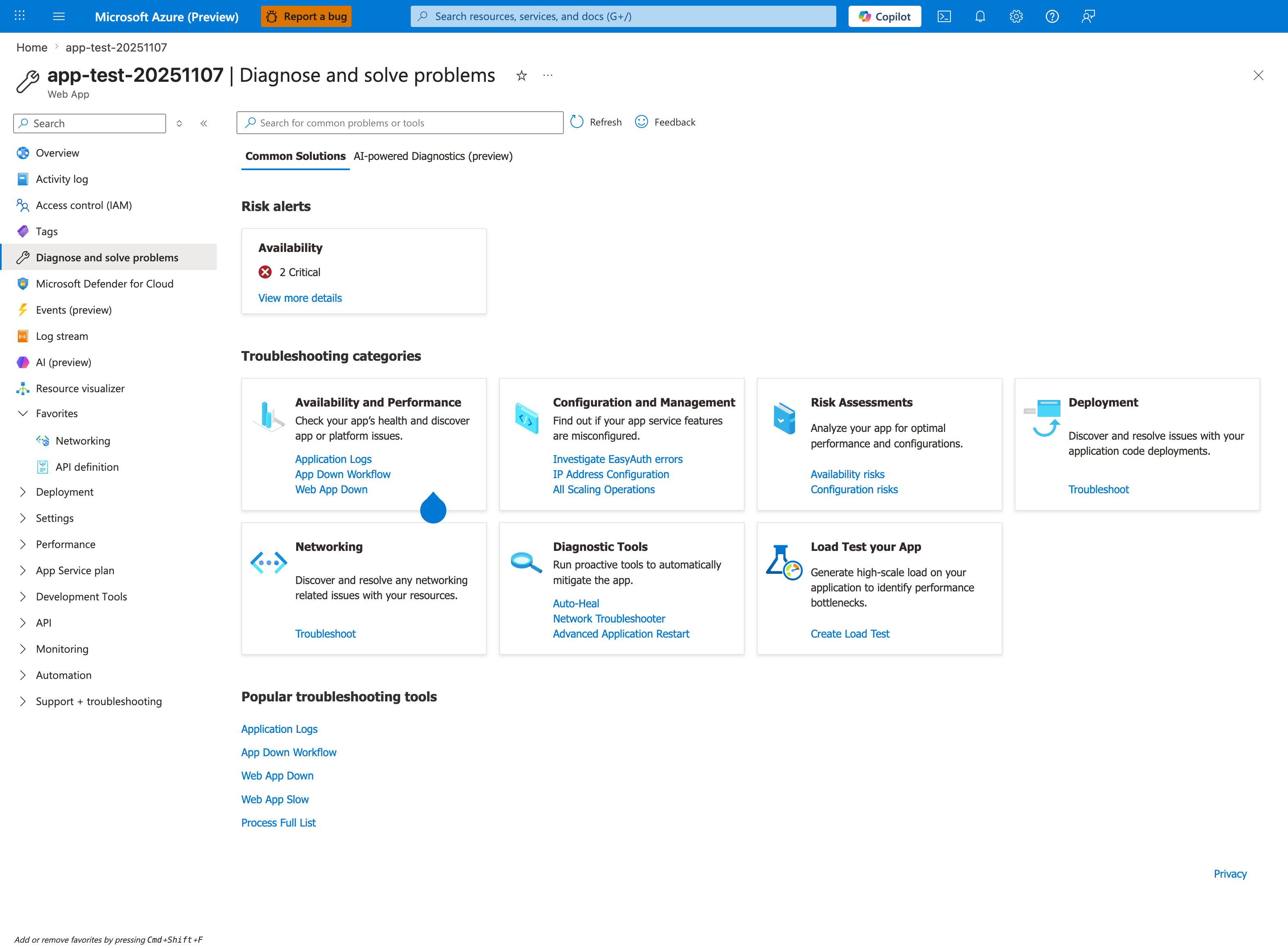 Diagnose and solve problems blade for app-test-20251107 showing the Common Solutions tab with a Risk alerts panel (Availability 2 Critical, View more details) and a Troubleshooting categories grid with seven cards covering Availability and Performance, Configuration and Management, Risk Assessments, Deployment, Networking, Diagnostic Tools, and Load Test your App. A Popular troubleshooting tools list at the bottom shows Application Logs, App Down Workflow, Web App Down, Web App Slow, and Process Full List.