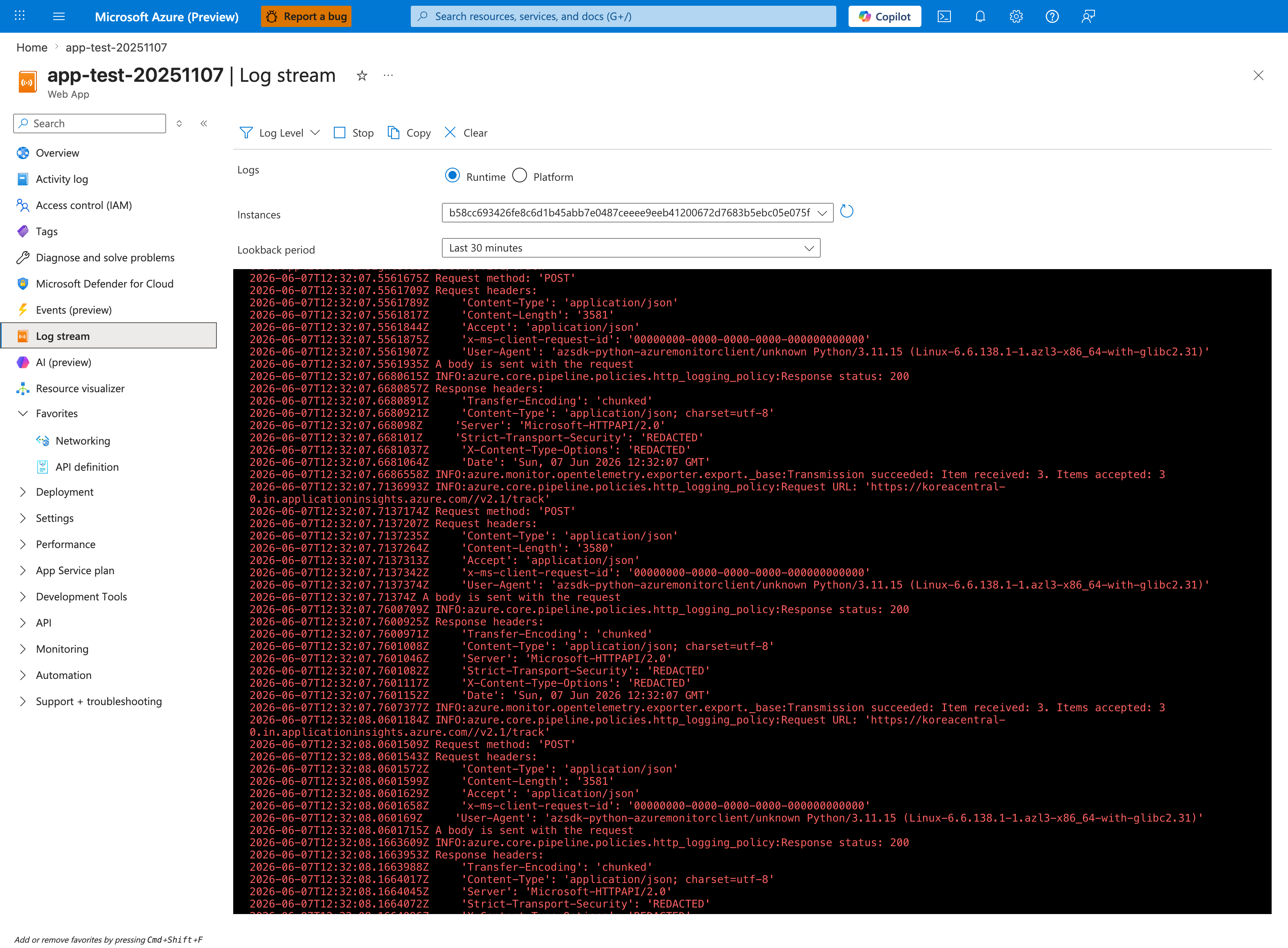 Log stream blade for the app-test-20251107 Web App. The left navigation shows Overview, Activity log, Access control (IAM), Tags, Diagnose and solve problems, Microsoft Defender for Cloud, Events (preview), and Log stream (highlighted as the current blade), with AI (preview), Resource visualizer, a Favorites group (Networking, API definition), and collapsed Deployment, Settings, Performance, App Service plan, Development Tools, API, Monitoring, Automation, and Support + troubleshooting groups below. The command bar has Log Level dropdown, Stop, Copy, and Clear actions. A Logs radio selector shows Runtime selected and Platform unselected. The Instances dropdown shows a single worker instance ID and a Refresh icon, and the Lookback period dropdown is set to Last 30 minutes. The streaming console pane shows live INFO-level entries with ISO-8601 timestamps prefixed 2026-06-07T12:32:07 and 2026-06-07T12:32:08, including repeated azure.core.pipeline.policies.http_logging_policy:Request URL: 'https://koreacentral-0.in.applicationinsights.azure.com//v2.1/track' lines, Request method: 'POST', request/response headers (Content-Type, Content-Length, Accept, Server: Microsoft-HTTPAPI/2.0), x-ms-client-request-id: '00000000-0000-0000-0000-000000000000', and azure.monitor.opentelemetry.exporter.export._base:Transmission succeeded: Item received: 3. Items accepted: 3 confirmation messages.