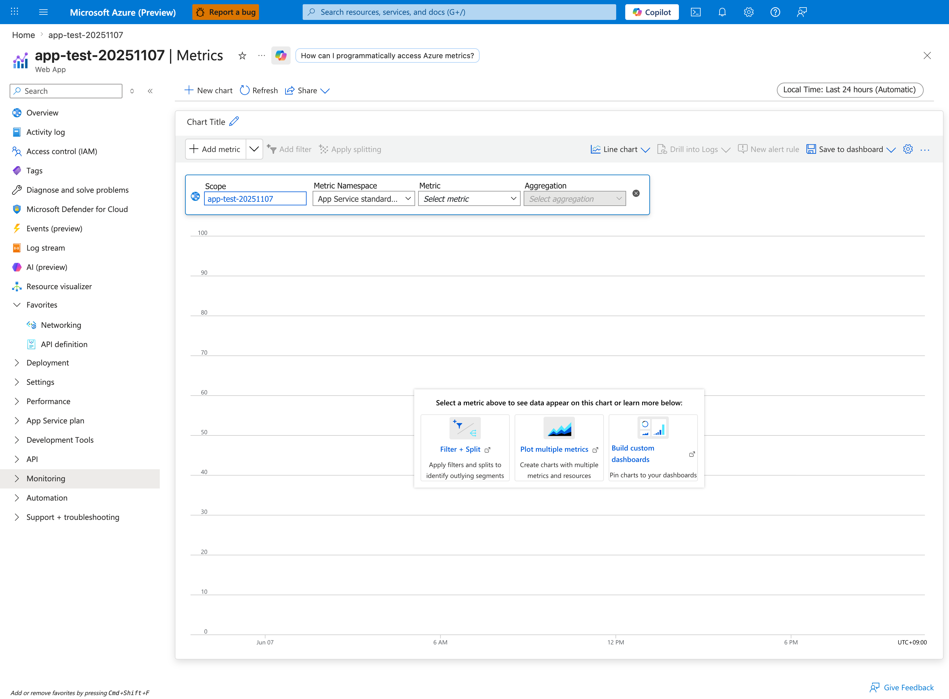 Metrics blade for the app-test-20251107 Web App in its initial empty state. The command bar shows + New chart, Refresh, and a Share dropdown on the left, and a Local Time: Last 24 hours (Automatic) time selector on the right. A Chart Title field with edit icon sits above the chart toolbar, which contains + Add metric (with split dropdown), Add filter (disabled), Apply splitting (disabled), Line chart selected on the right, Drill into Logs, New alert rule, and Save to dashboard. The metric configuration row shows four required fields: Scope: app-test-20251107, Metric Namespace: App Service standard... (truncated), Metric: Select metric (empty placeholder), and Aggregation: Select aggregation (grayed out until a metric is chosen). An empty Y-axis (0-100) and X-axis (Jun 07, 6 AM, 12 PM, 6 PM, UTC+09:00) frame the chart. A floating callout reads Select a metric above to see data appear on this chart or learn more below: with three help cards — Filter + Split ("Apply filters and splits to identify outlying segments"), Plot multiple metrics ("Create charts with multiple metrics and resources"), and Build custom dashboards ("Pin charts to your dashboards").