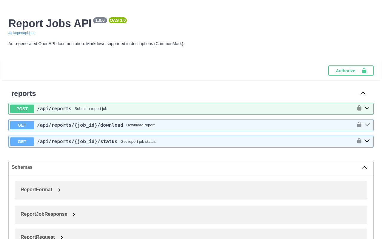 Swagger UI for the Report Jobs API showing three operations grouped under the reports tag with an Authorize button for Bearer token
