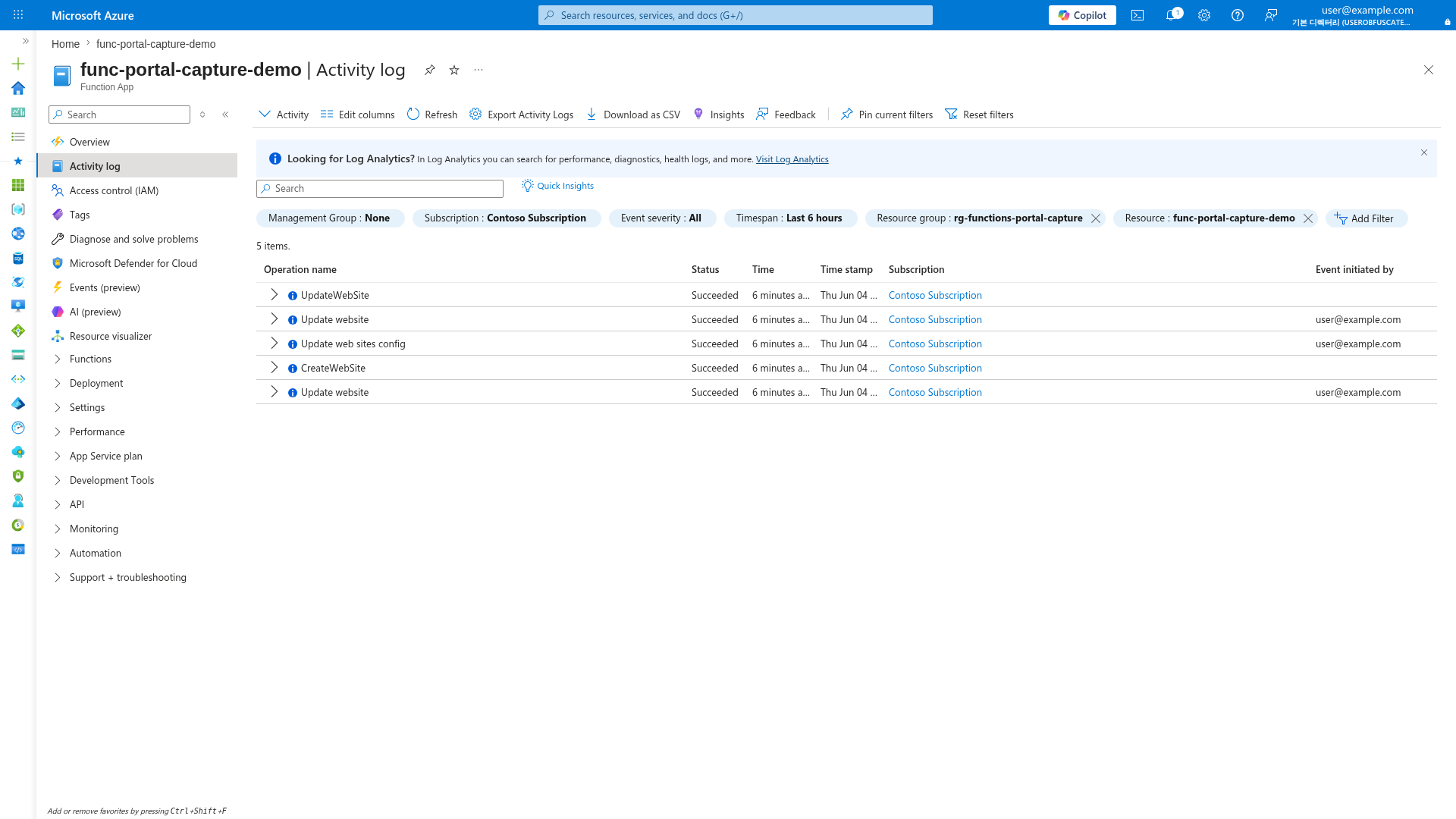 Activity log showing recent Function App operations