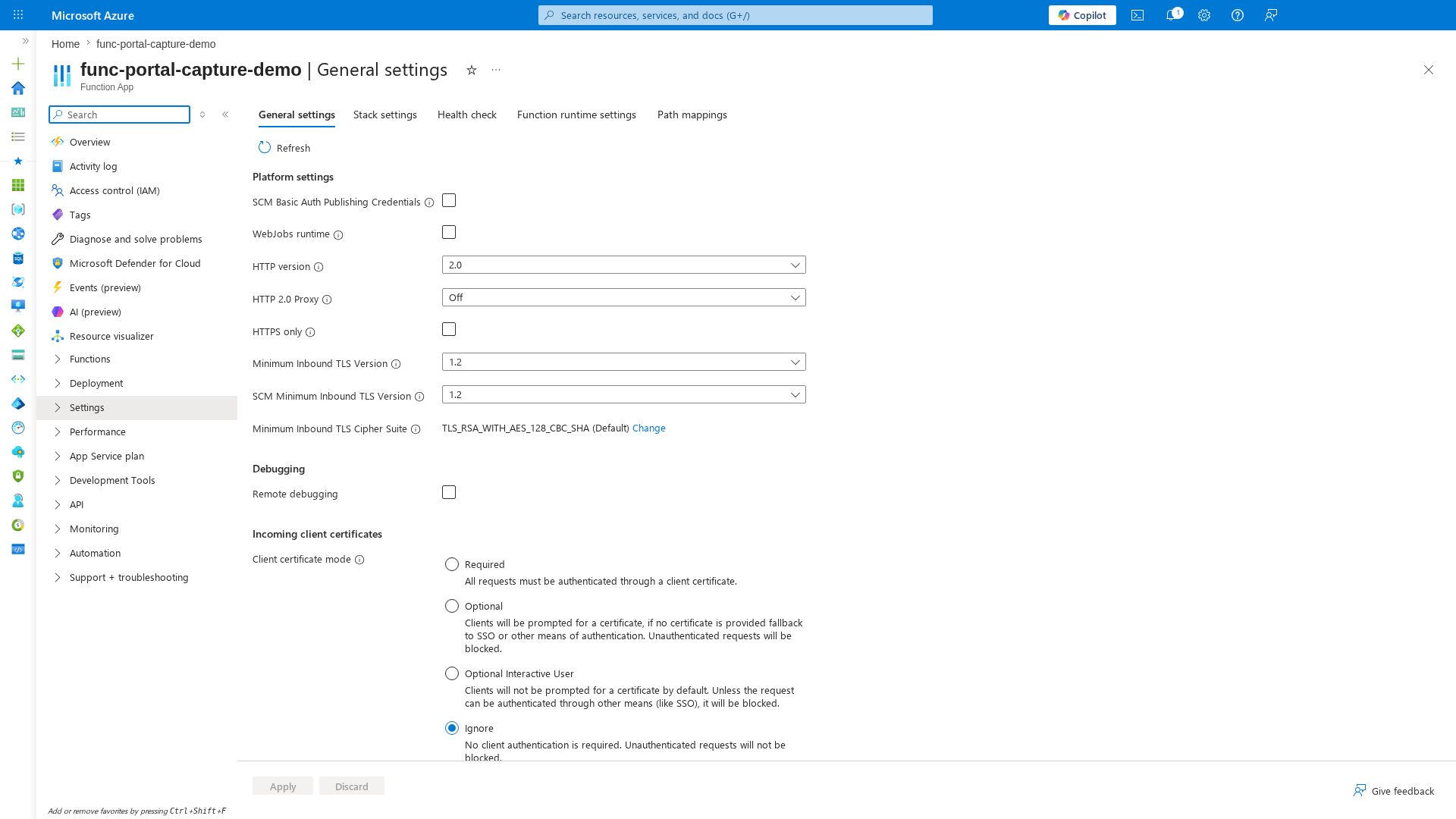 General settings blade showing TLS and HTTP configuration