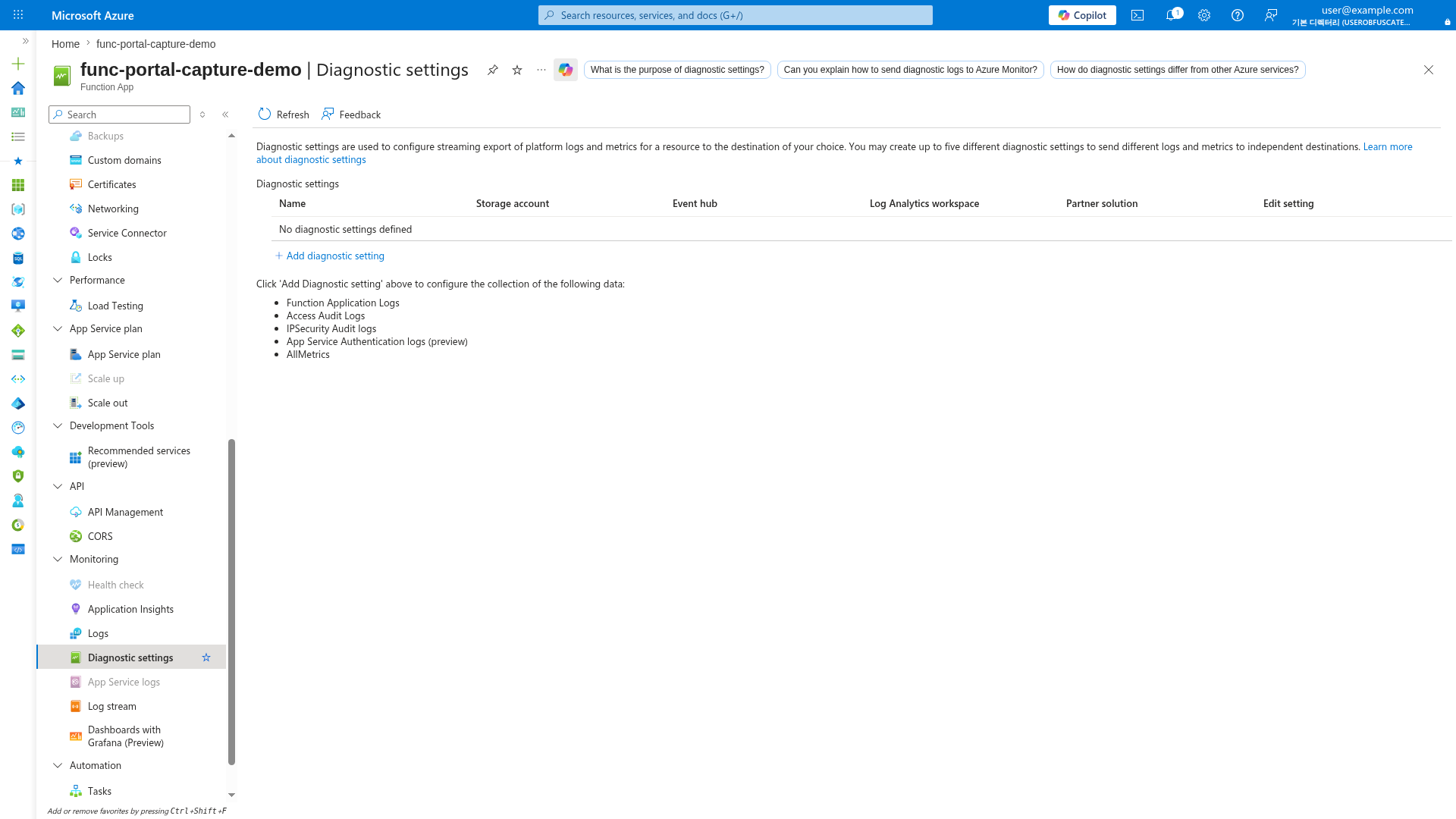 Diagnostic settings blade