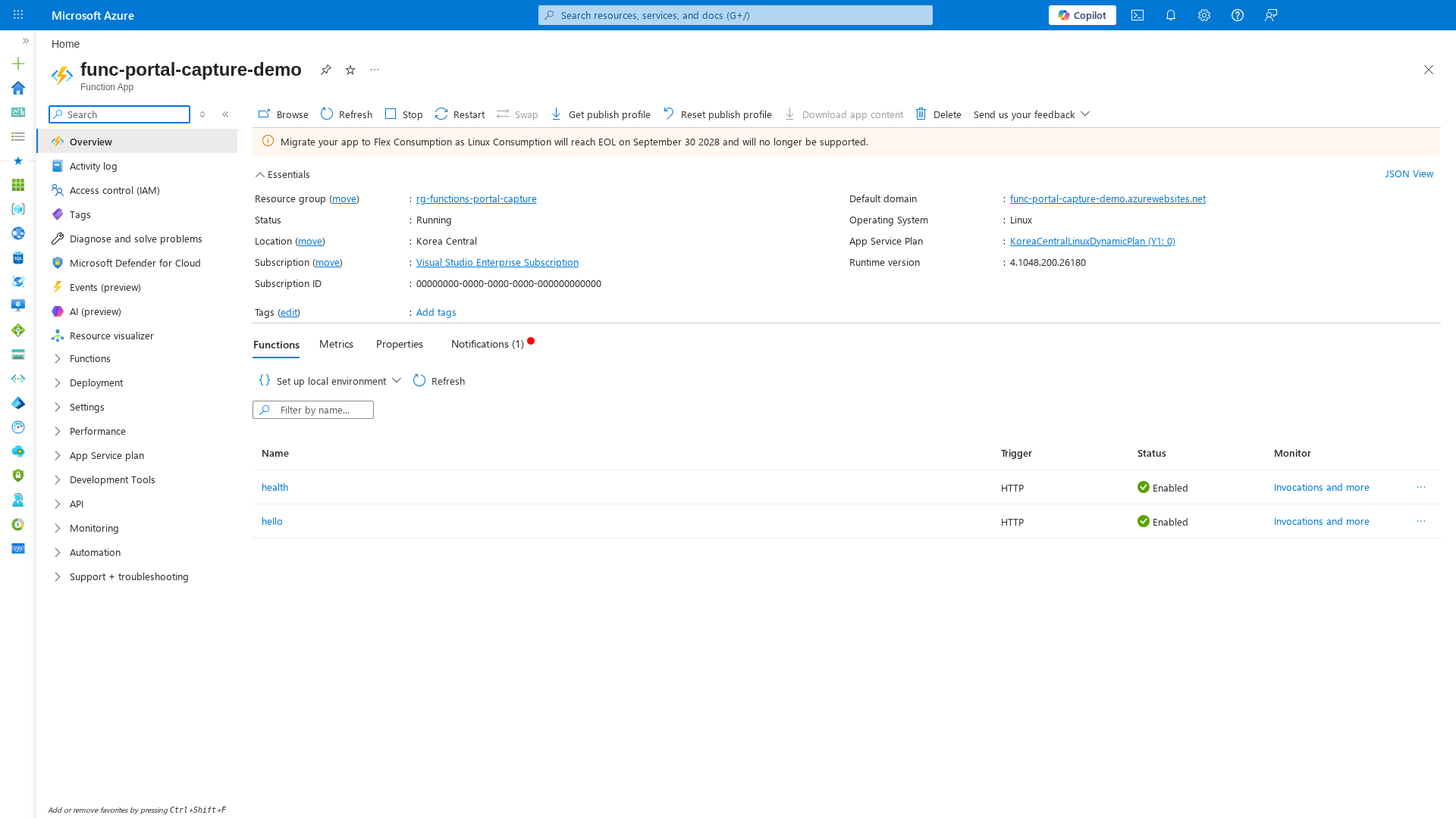Function App overview blade showing 2 HTTP-triggered functions (health, hello) with Enabled status