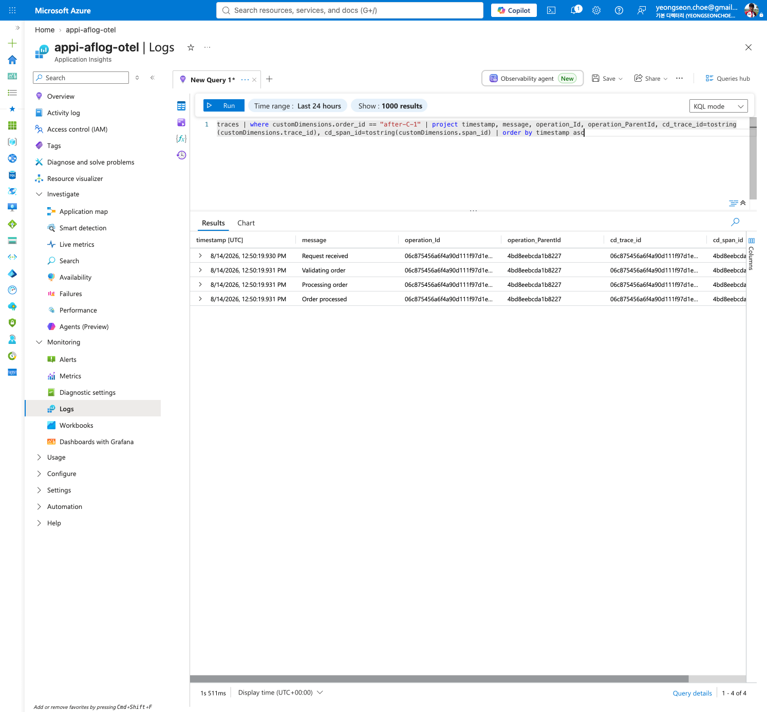 Application Insights — worker logs correlated under a real Operation ID