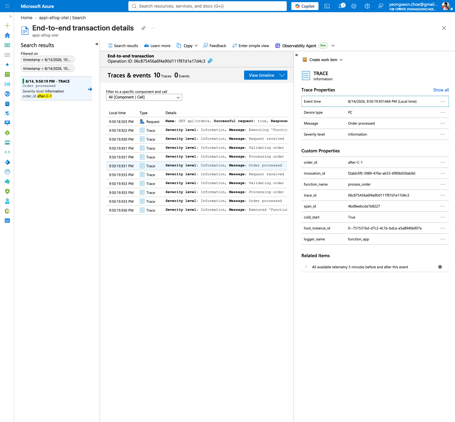 Application Insights — worker log records correlated under one Operation ID
