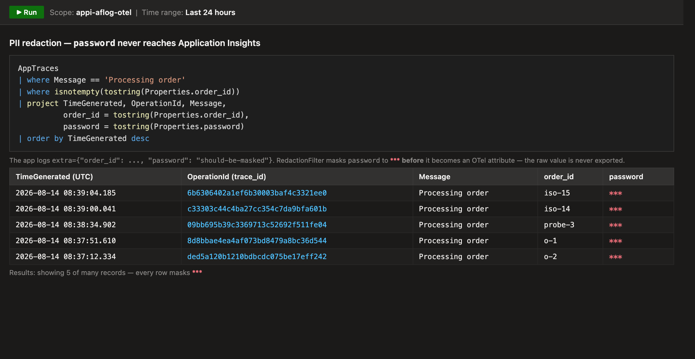 Application Insights — password redacted to *** in AppTraces