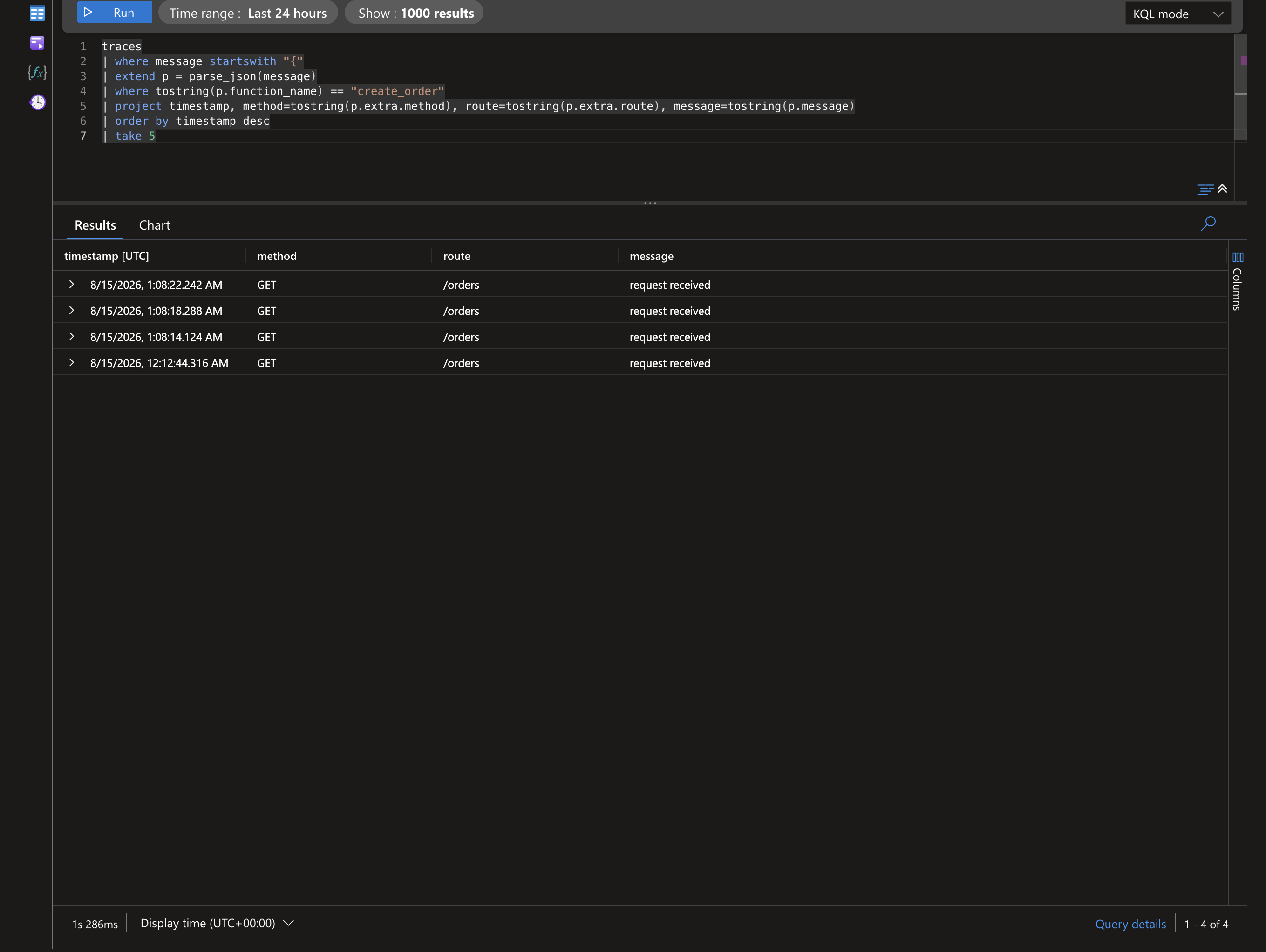 App Insights Logs — JSON output