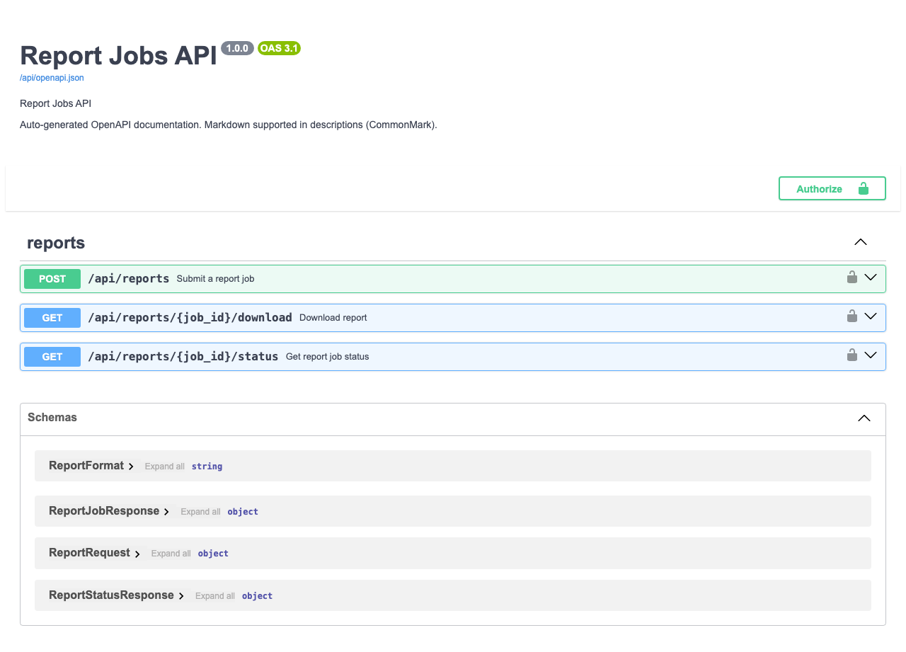 Swagger UI showing the Report Jobs API with three endpoints