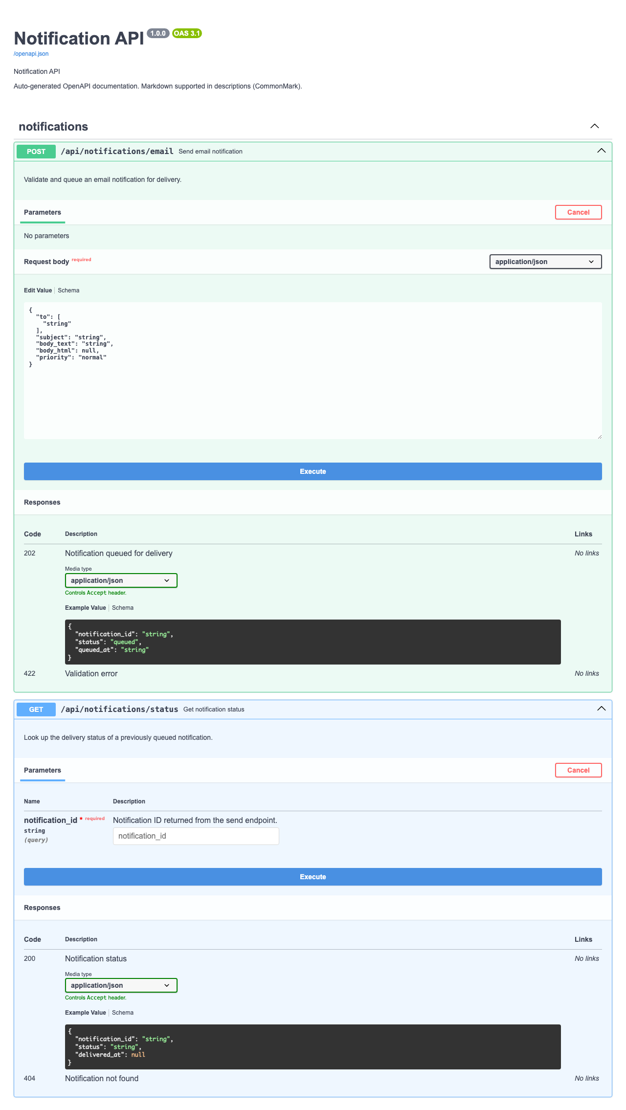 Swagger UI for the Notification API showing POST /api/notifications/email and GET /api/notifications/status both expanded