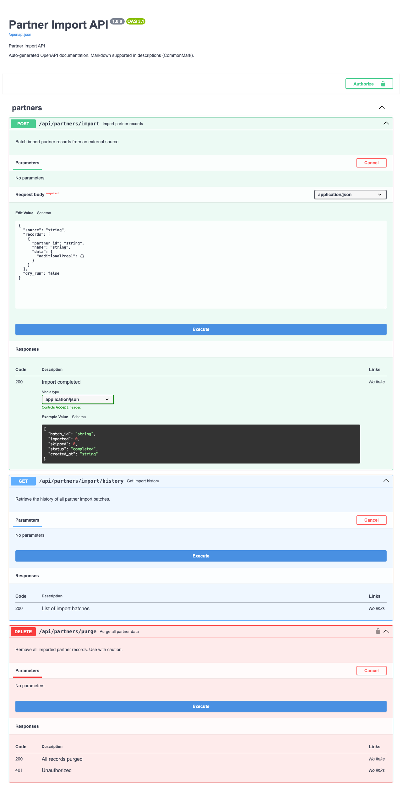 Swagger UI showing multiple API operations grouped by tags
