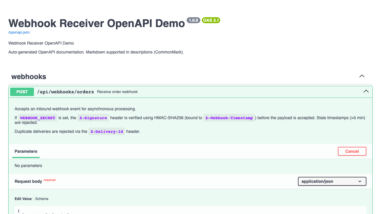 Swagger UI preview generated from the representative webhook_receiver example